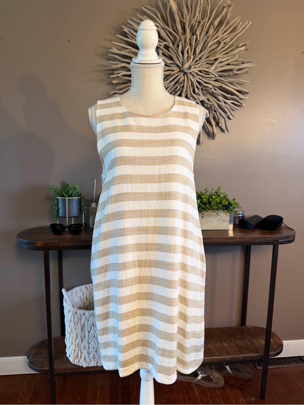 Cotton Bleu tan and white striped sleeveless dress rayon linen blend‎